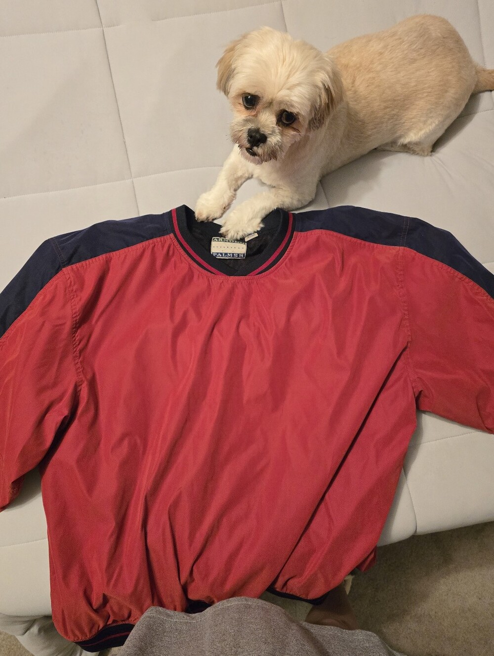 Vintage Red Arnold Palmer Pullover Windbreaker with Navy Shoulder Panels.